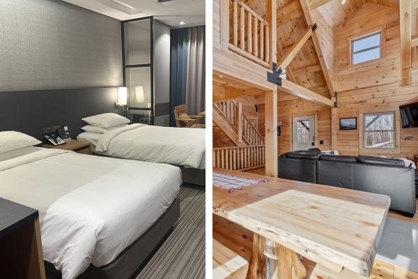 a hotel room showing two beds, a small chair in the corner and a cabin showing more space to relax and enjoy